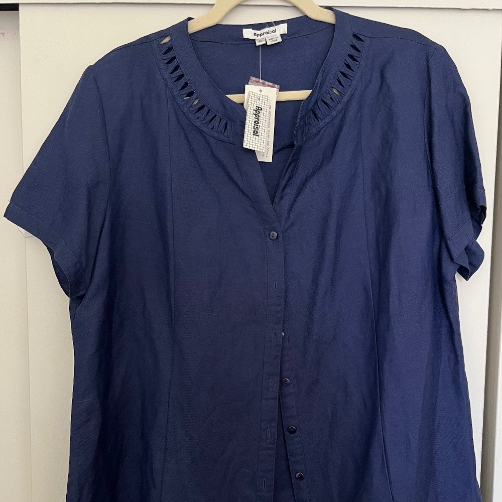 Vintage navy faux linen short sleeve blouse from Appraisal, sz XL NWT